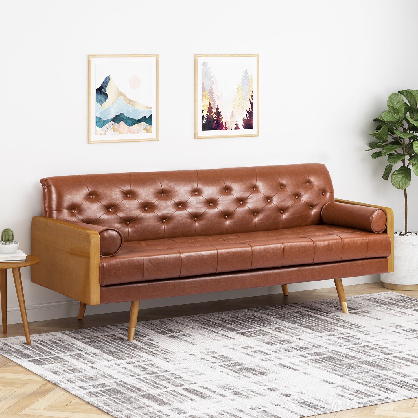 Adelaide Mid-Century Modern Tufted Sofa with Rolled Accent Pillows image 1