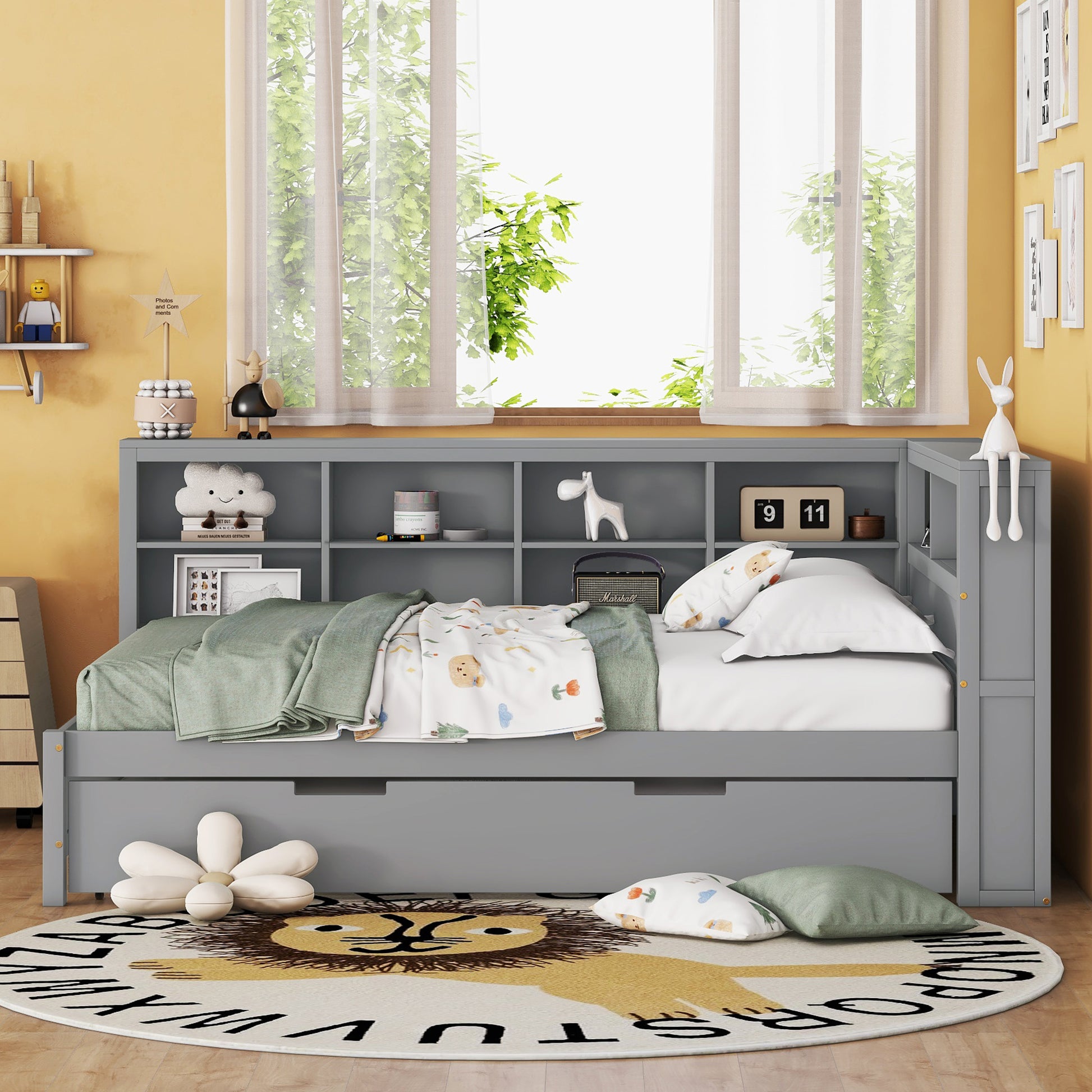 Wooden Full Size DayBed with Twin Size Trundle, DayBed with Storage Shelf and USB Charging Ports,Grey(Old SKU: HL000075AAE) image 7