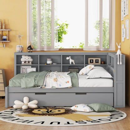 Wooden Full Size DayBed with Twin Size Trundle, DayBed with Storage Shelf and USB Charging Ports,Grey(Old SKU: HL000075AAE) image 7