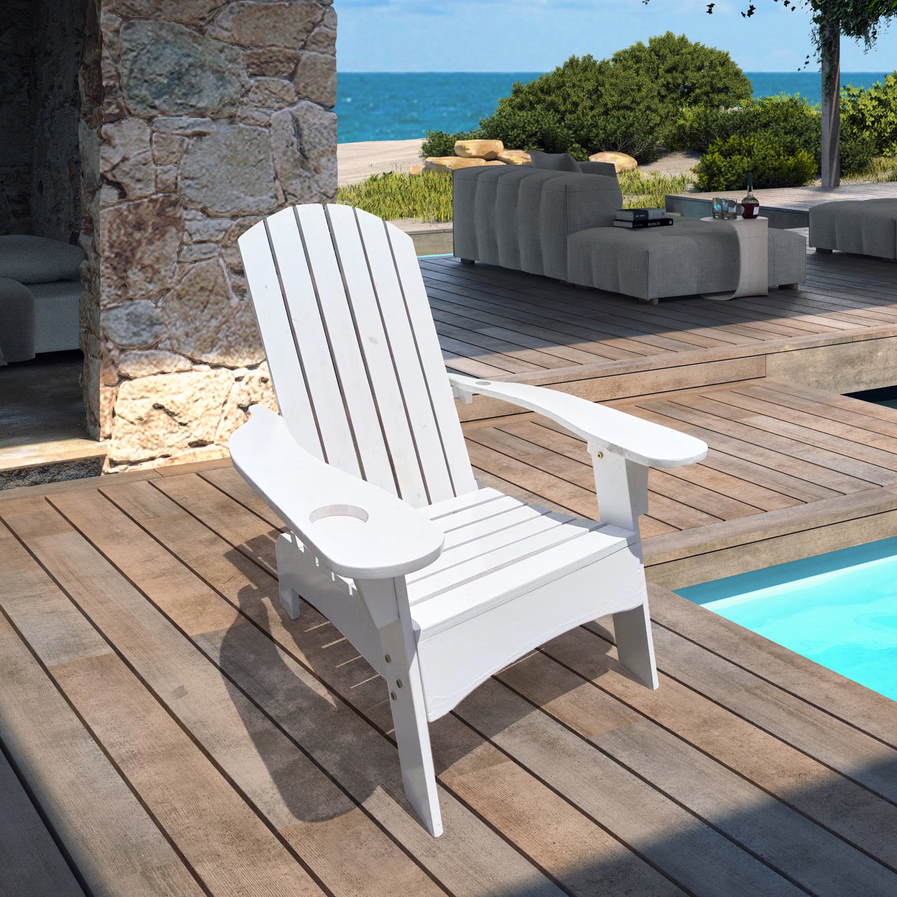 Outdoor or indoor Wood Adirondack chair with an hole to hold umbrella on the arm,white image 1
