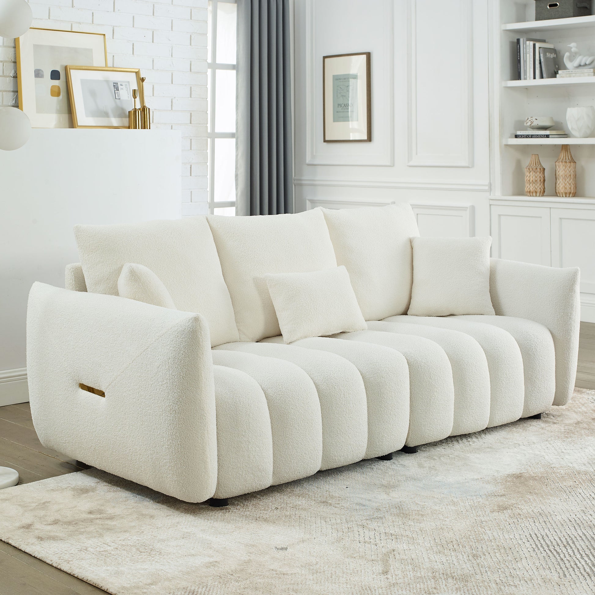 [video] MH 79.5" Premium Teddy fabric Sofa with 3 Back Pillows and 3 back Cushions Solid Wood Frame 3-Seater Sofa, Oversized Upholstered Chair for Living Room, Bedroom, Apartment and Office image 1