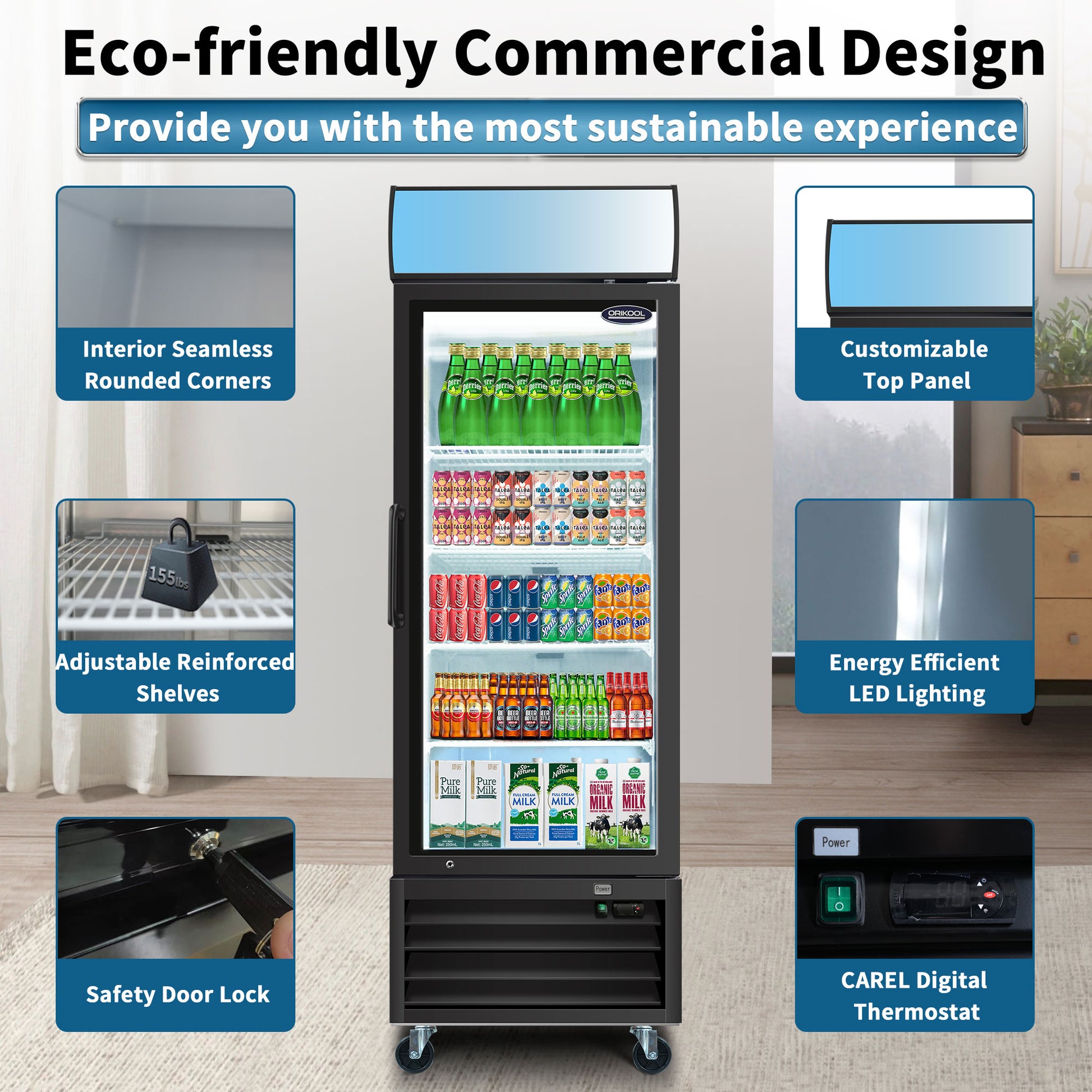 ORIKOOL Glass Door Merchandiser Refrigerator 19.3 Cu.ft Swing Door Commercial Display Refrigerators Merchandising Refrigeration with LED Top Panel image 5