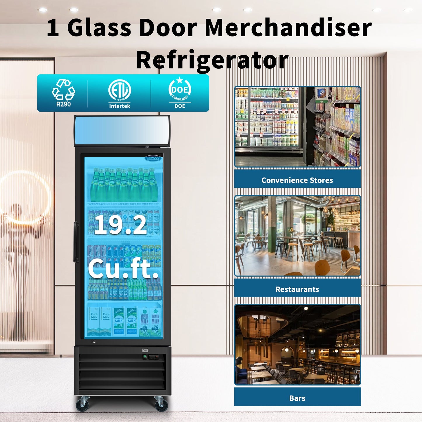 ORIKOOL Glass Door Merchandiser Refrigerator 19.3 Cu.ft Swing Door Commercial Display Refrigerators Merchandising Refrigeration with LED Top Panel image 4