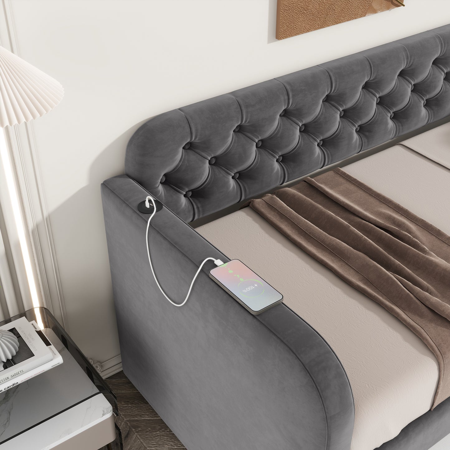 Twin Size Upholstered Daybed with Trundle and USB Charging Design, Velvet Upholstered Daybed Frame, Twin Sofa Bed for Living Room Bedroom, No Box Spring Needed,Plush velvet fabric dark grey 18# image 5