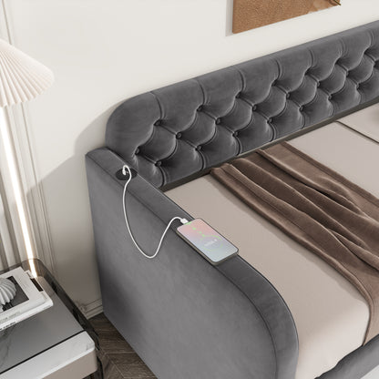 Twin Size Upholstered Daybed with Trundle and USB Charging Design, Velvet Upholstered Daybed Frame, Twin Sofa Bed for Living Room Bedroom, No Box Spring Needed,Plush velvet fabric dark grey 18# image 5