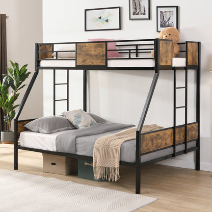 Twin Over FULL Metal Bunk Bed with 2 - Side Ladder and Full-Length Guardrail, No Box Spring Needed, Large Under Bed Storage, Easy Assemble, Black & Brown image 1