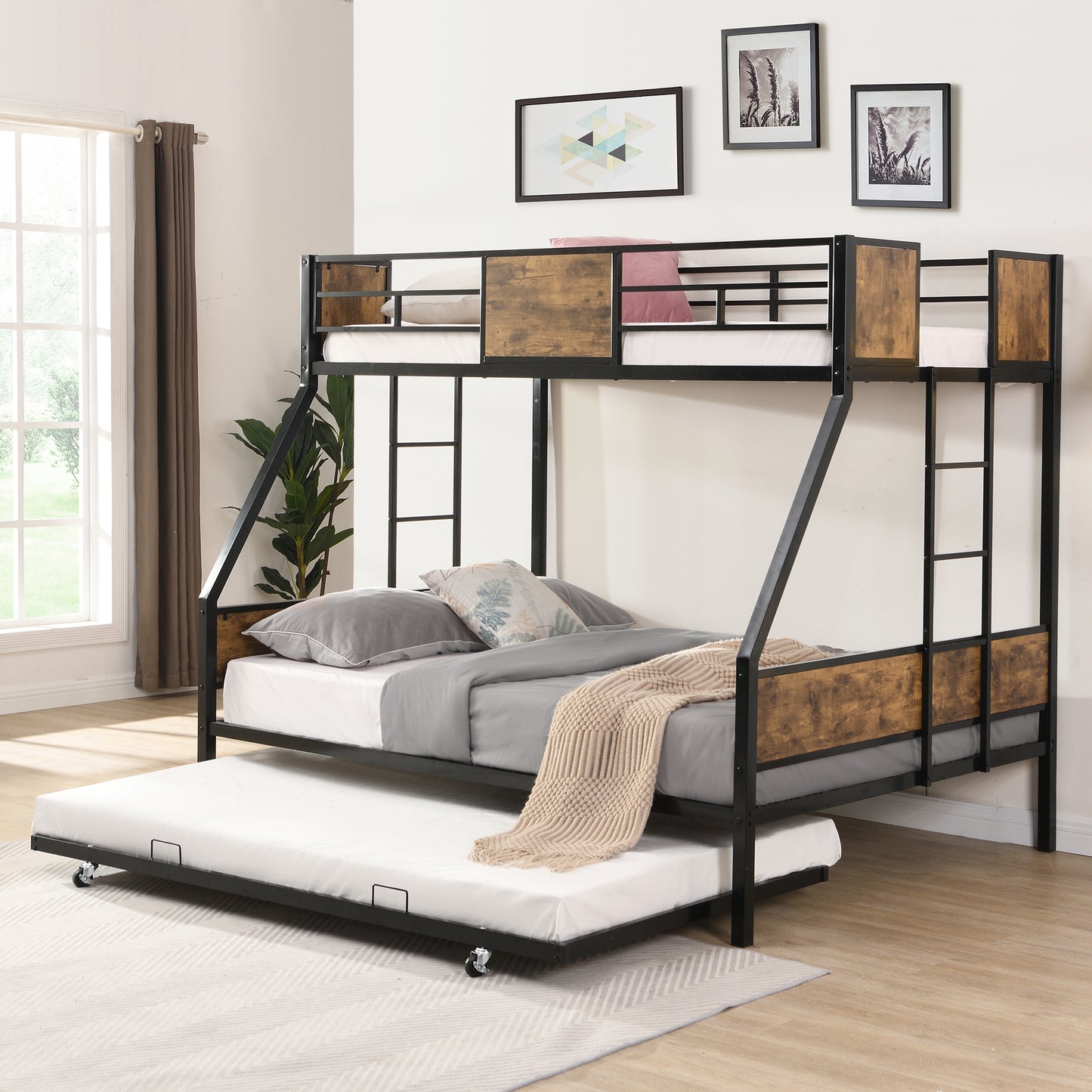 Twin Over FULL Metal Bunk Bed with Trundle 2 - Side Ladder and Full-Length Guardrail, No Box Spring Needed, Large Under Bed Storage, Easy Assemble, Black & Brown image 3