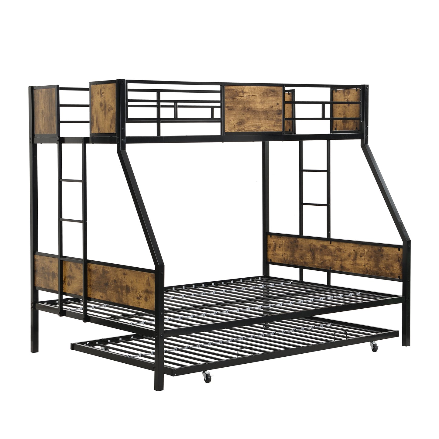 Twin Over FULL Metal Bunk Bed with Trundle 2 - Side Ladder and Full-Length Guardrail, No Box Spring Needed, Large Under Bed Storage, Easy Assemble, Black & Brown image 5
