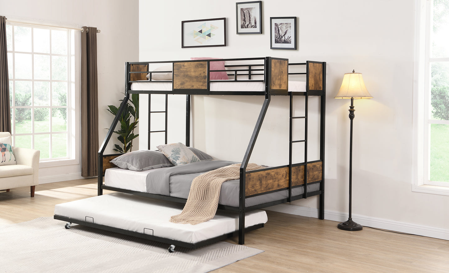 Twin Over FULL Metal Bunk Bed with Trundle 2 - Side Ladder and Full-Length Guardrail, No Box Spring Needed, Large Under Bed Storage, Easy Assemble, Black & Brown image 4