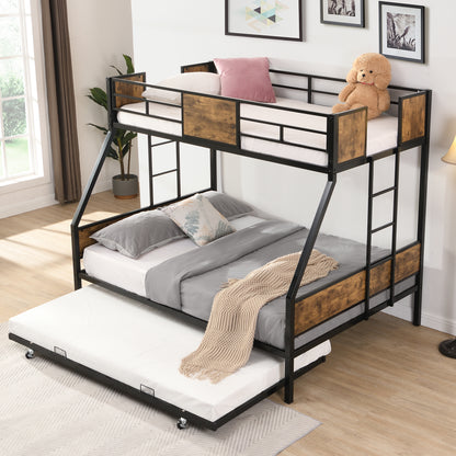 Twin Over FULL Metal Bunk Bed with Trundle 2 - Side Ladder and Full-Length Guardrail, No Box Spring Needed, Large Under Bed Storage, Easy Assemble, Black & Brown image 2