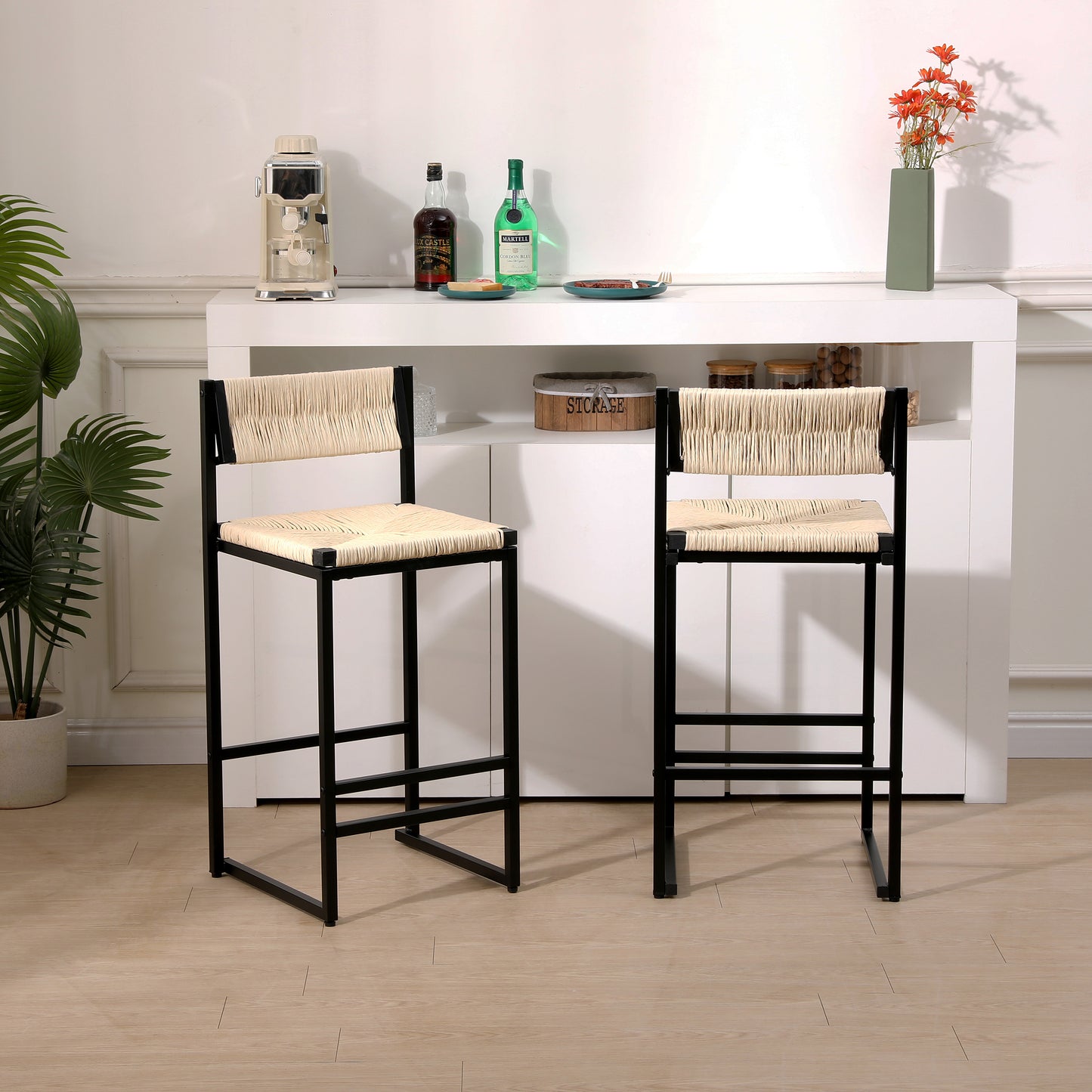Creamy White Paper Rope Woven Bar Stools Set of 2 Hand Weave Counter Stool with footrest for Kitchen Island, Dining Room (Creamy White) image 1