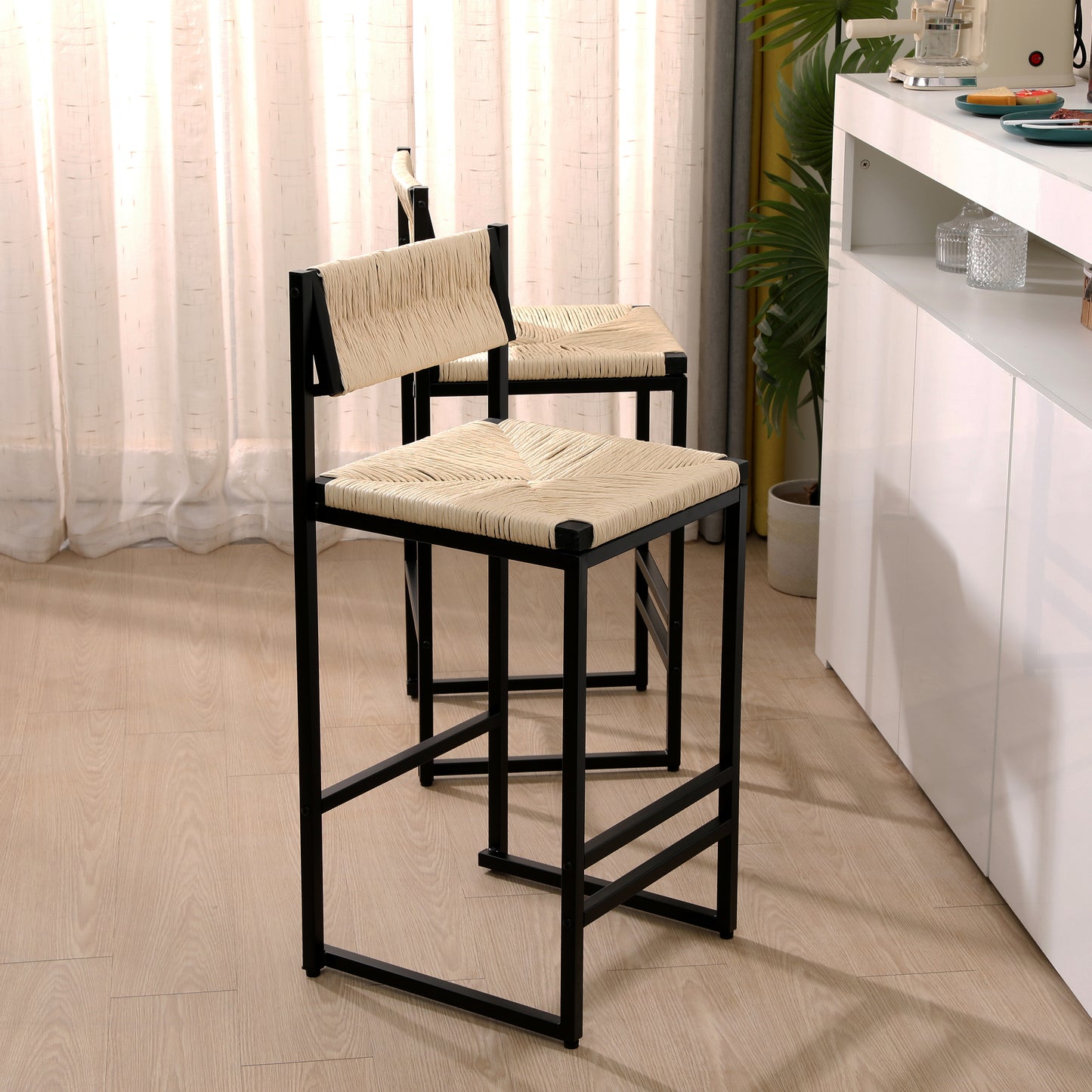 Creamy White Paper Rope Woven Bar Stools Set of 2 Hand Weave Counter Stool with footrest for Kitchen Island, Dining Room (Creamy White) image 3