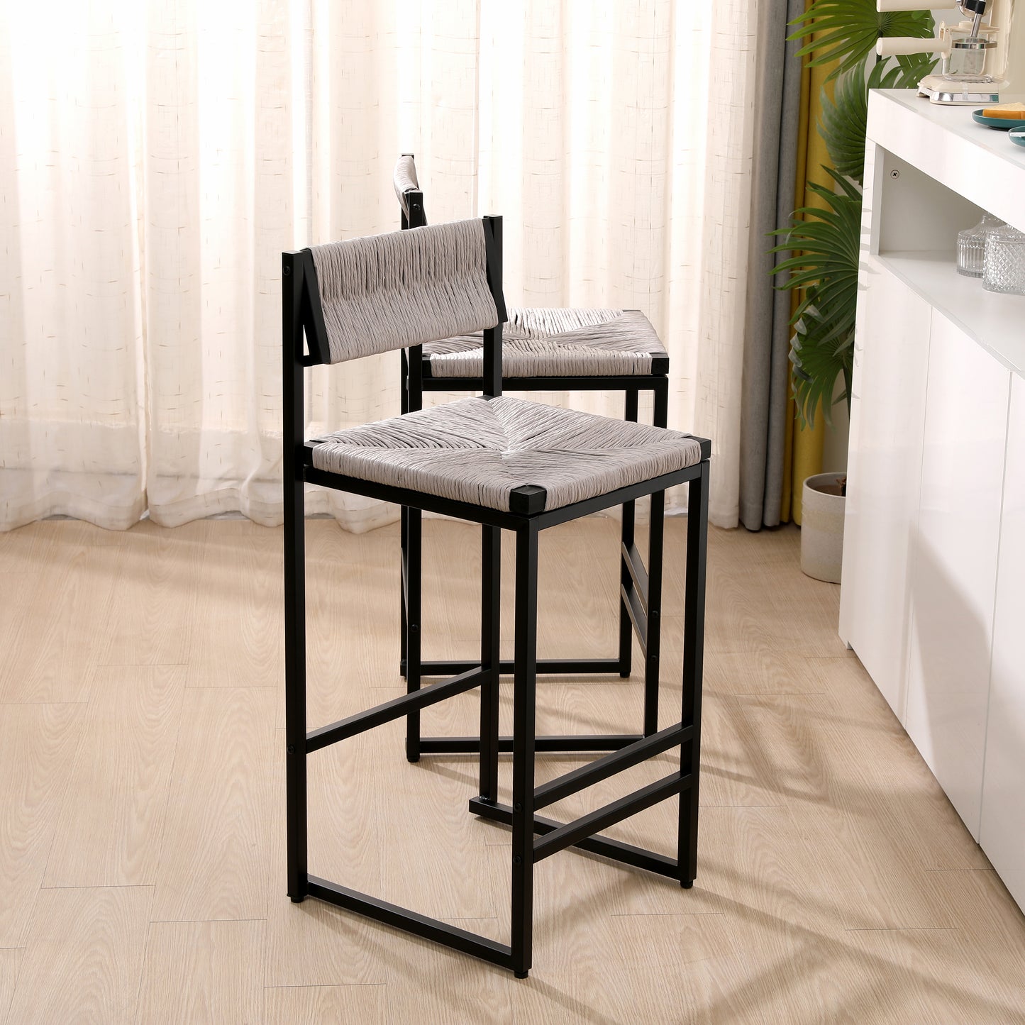 Gray Set of 2 Hand Weave Bar Stools with Back Counter Height Bar Chairs Paper Rope Woven Dining Stool for Kitchen, Home & Office (Gray) image 2