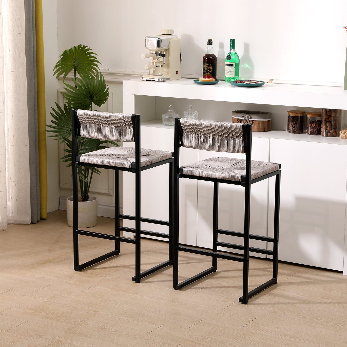 Gray Set of 2 Hand Weave Bar Stools with Back Counter Height Bar Chairs Paper Rope Woven Dining Stool for Kitchen, Home & Office (Gray) image 3