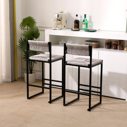 Gray Set of 2 Hand Weave Bar Stools with Back Counter Height Bar Chairs Paper Rope Woven Dining Stool for Kitchen, Home & Office (Gray) image 3