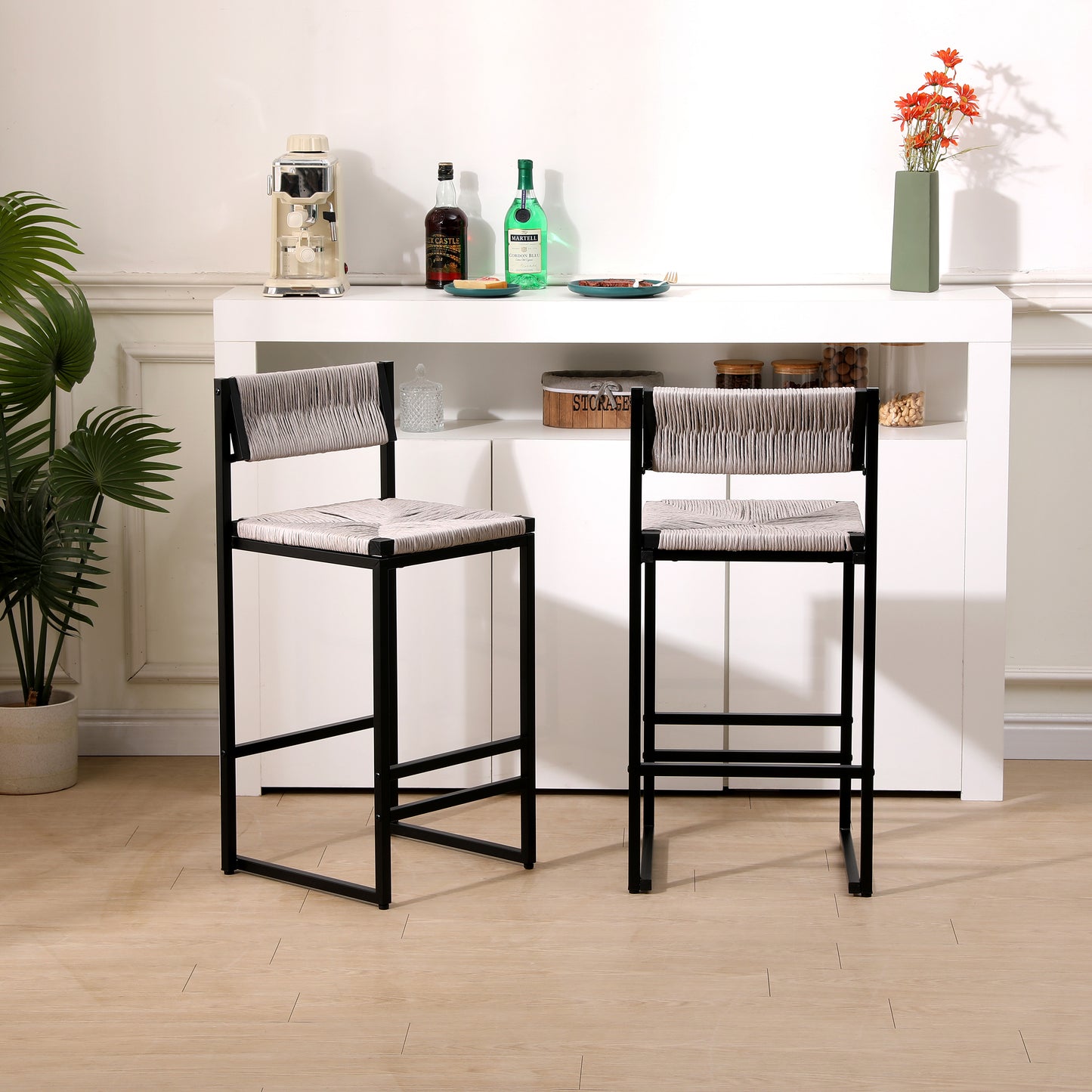 Gray Set of 2 Hand Weave Bar Stools with Back Counter Height Bar Chairs Paper Rope Woven Dining Stool for Kitchen, Home & Office (Gray) image 1