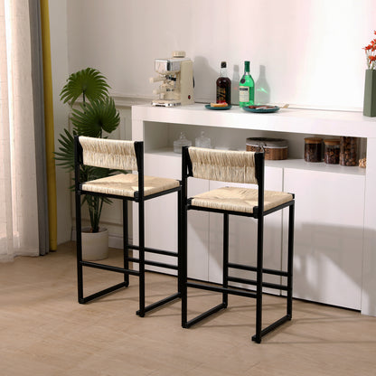 Creamy White Paper Rope Woven Bar Stools Set of 2 Hand Weave Counter Stool with footrest for Kitchen Island, Dining Room (Creamy White) image 2