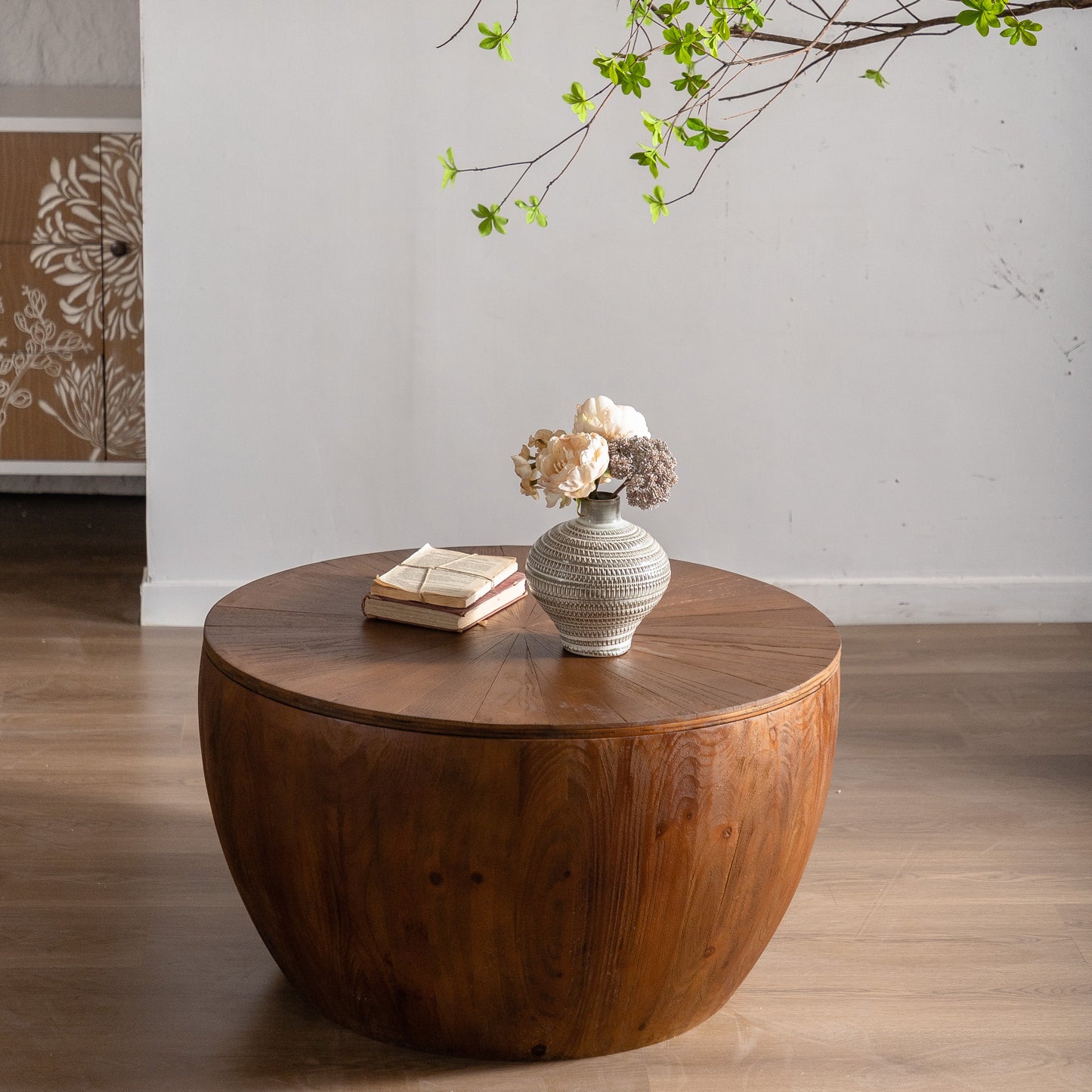 31.50"Vintage Style Bucket Shaped Coffee Table with storage function, for Office, Dining Room and Living Room, Brown image 4
