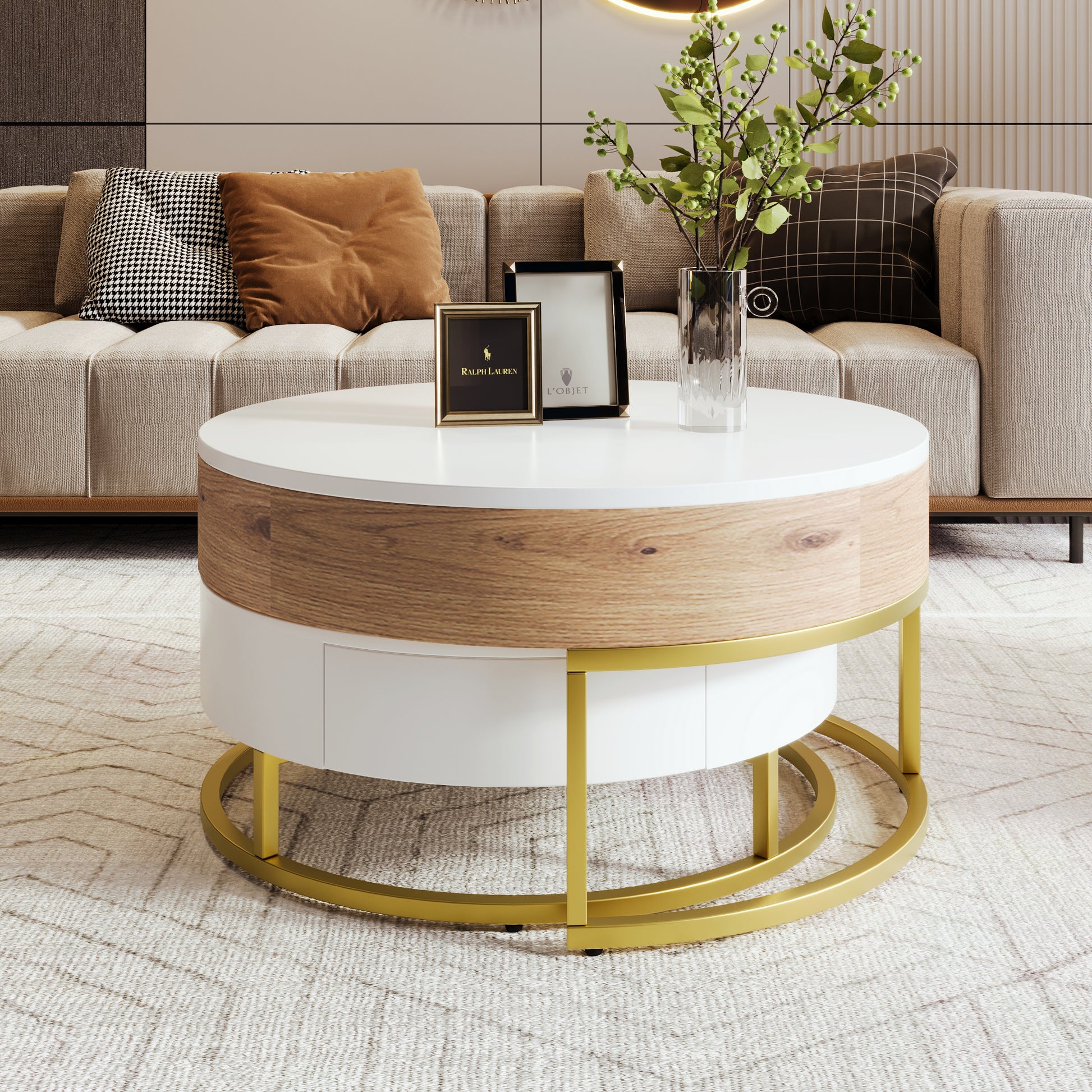 Modern Round Lift-top Nesting Coffee Tables with 2 Drawers White & Natural image 2