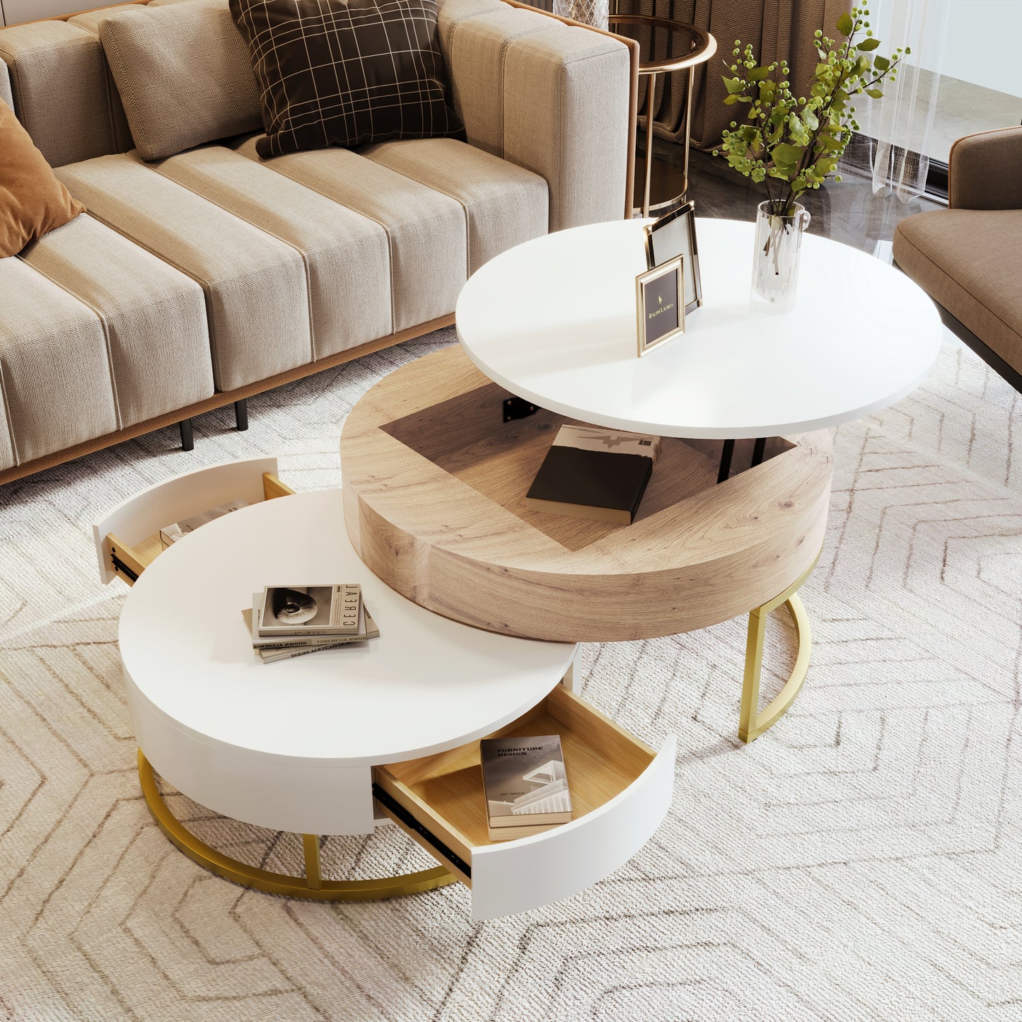 Modern Round Lift-top Nesting Coffee Tables with 2 Drawers White & Natural image 1