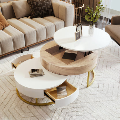 Modern Round Lift-top Nesting Coffee Tables with 2 Drawers White & Natural image 1