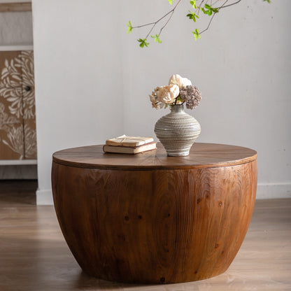 31.50"Vintage Style Bucket Shaped Coffee Table with storage function, for Office, Dining Room and Living Room, Brown image 5