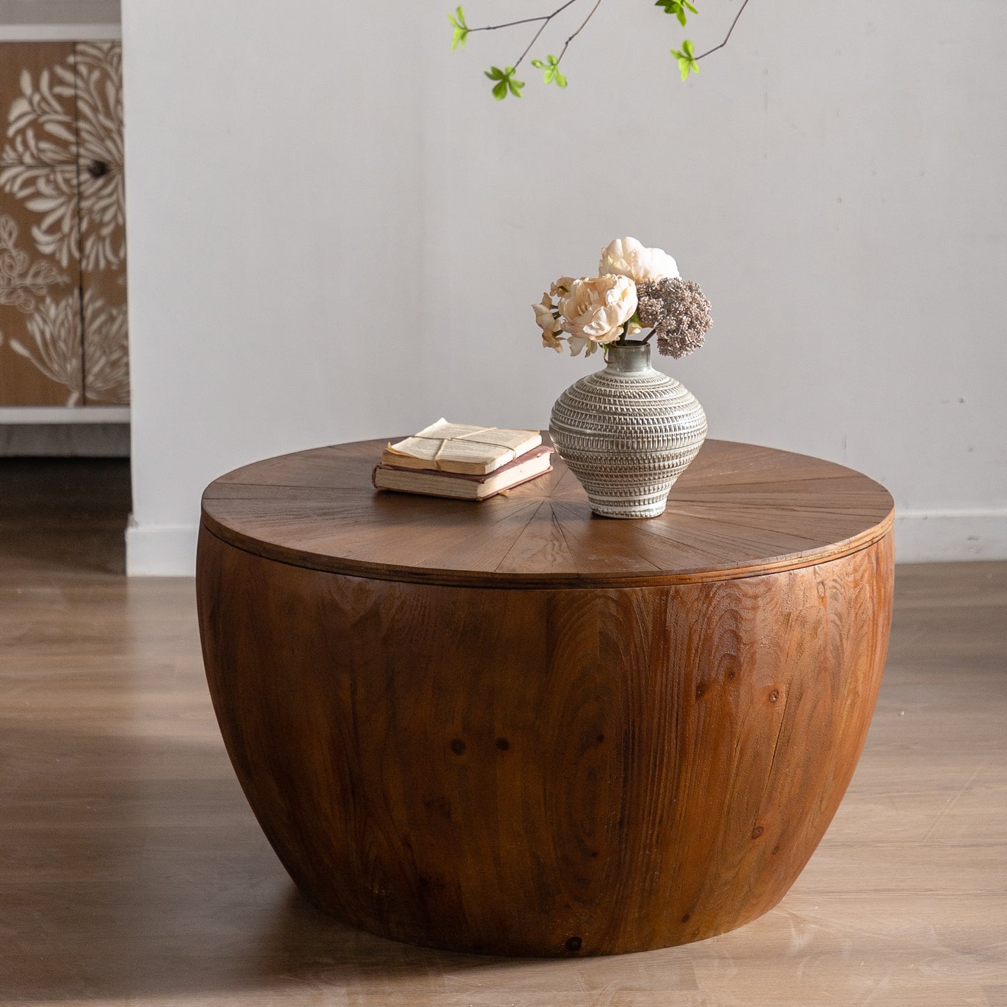 31.50"Vintage Style Bucket Shaped Coffee Table with storage function, for Office, Dining Room and Living Room, Brown image 2