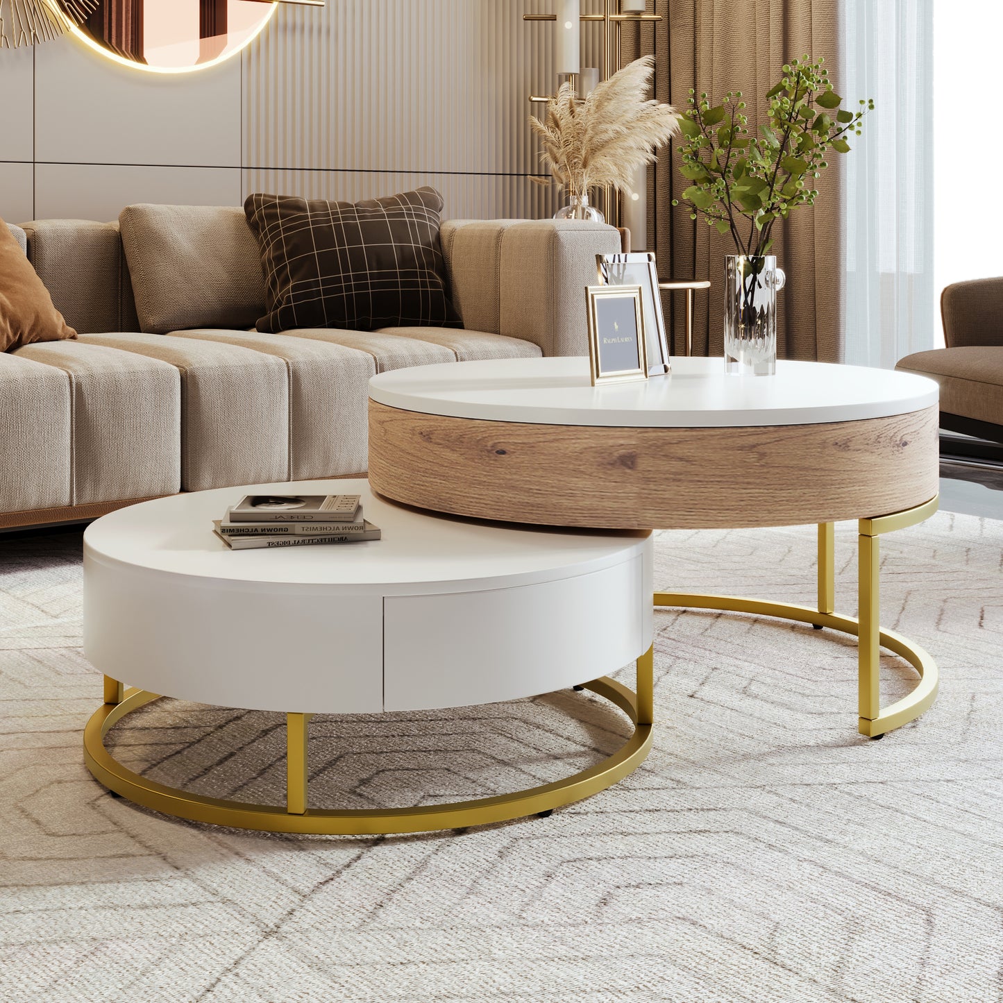 Modern Round Lift-top Nesting Coffee Tables with 2 Drawers White & Natural image 4