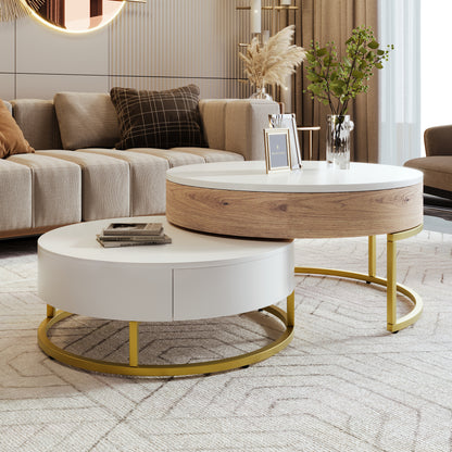 Modern Round Lift-top Nesting Coffee Tables with 2 Drawers White & Natural image 4