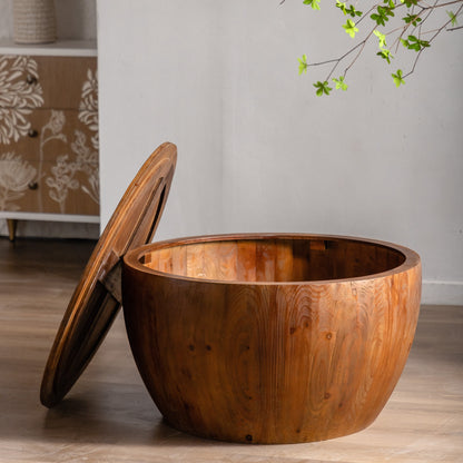31.50"Vintage Style Bucket Shaped Coffee Table with storage function, for Office, Dining Room and Living Room, Brown image 8