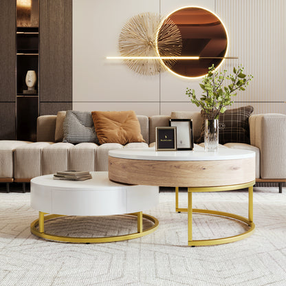 Modern Round Lift-top Nesting Coffee Tables with 2 Drawers White & Natural image 3