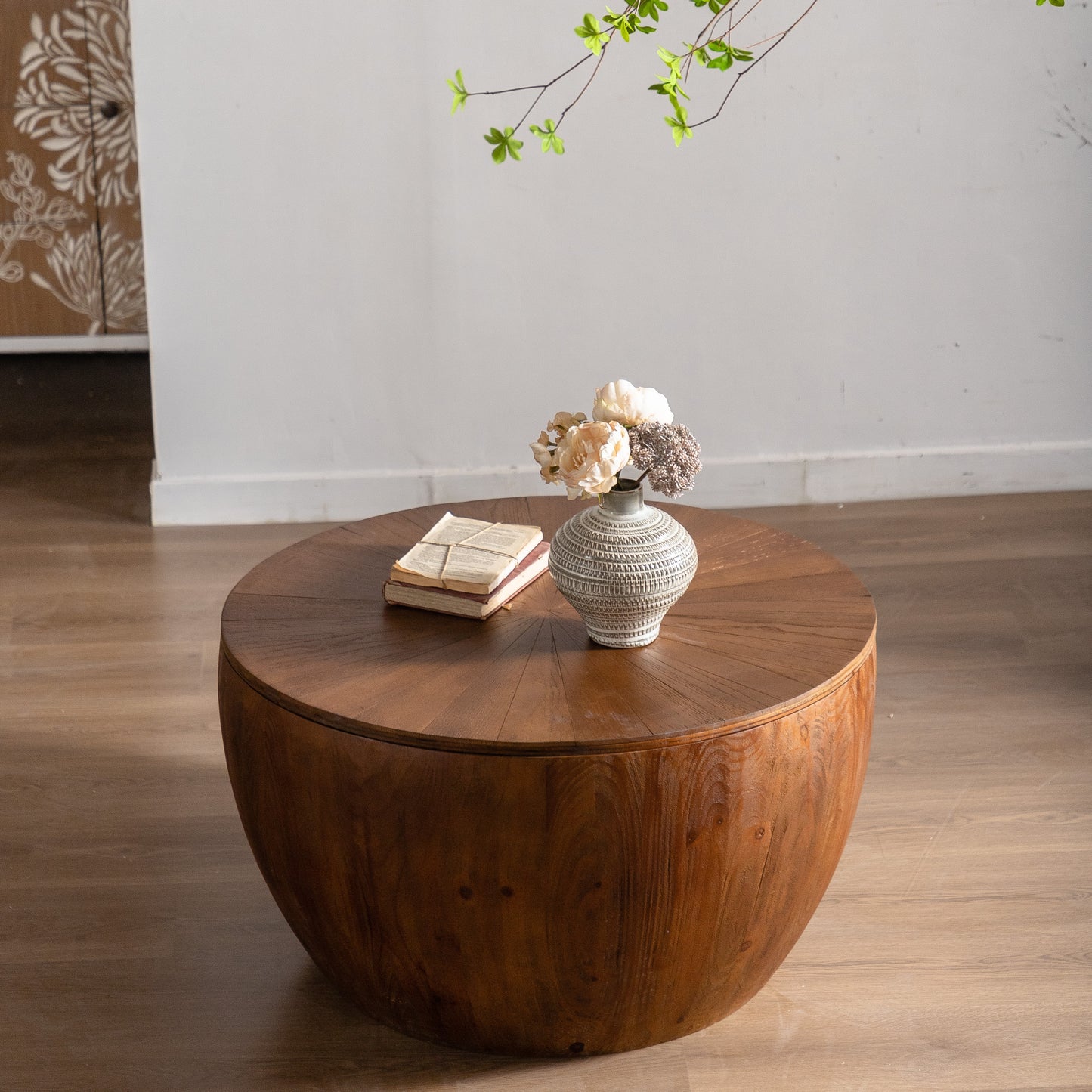 31.50"Vintage Style Bucket Shaped Coffee Table with storage function, for Office, Dining Room and Living Room, Brown image 3
