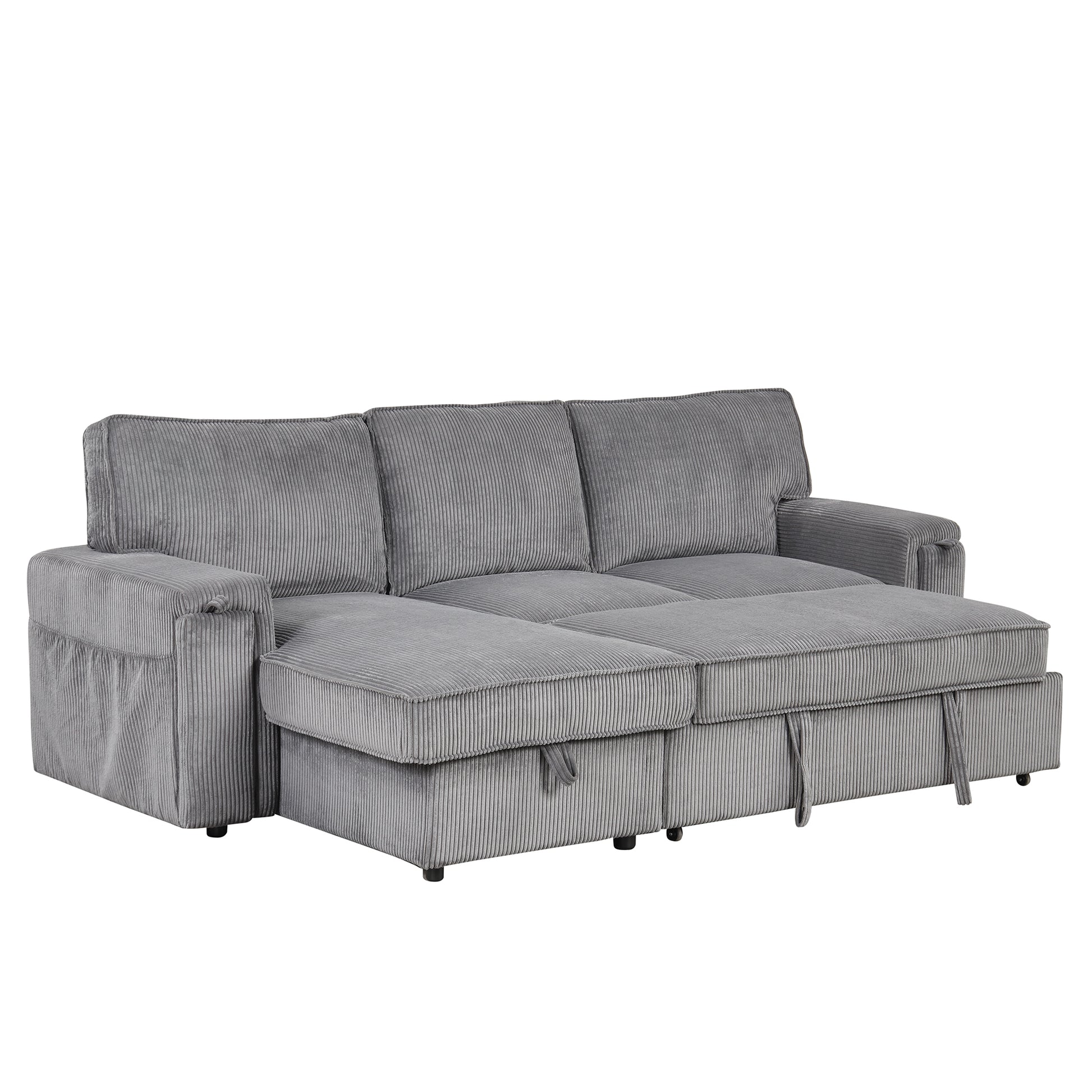 U_STYLE Upholstery Sleeper Sectional Sofa with Storage Bags and 2 cup holders on Arms image 7
