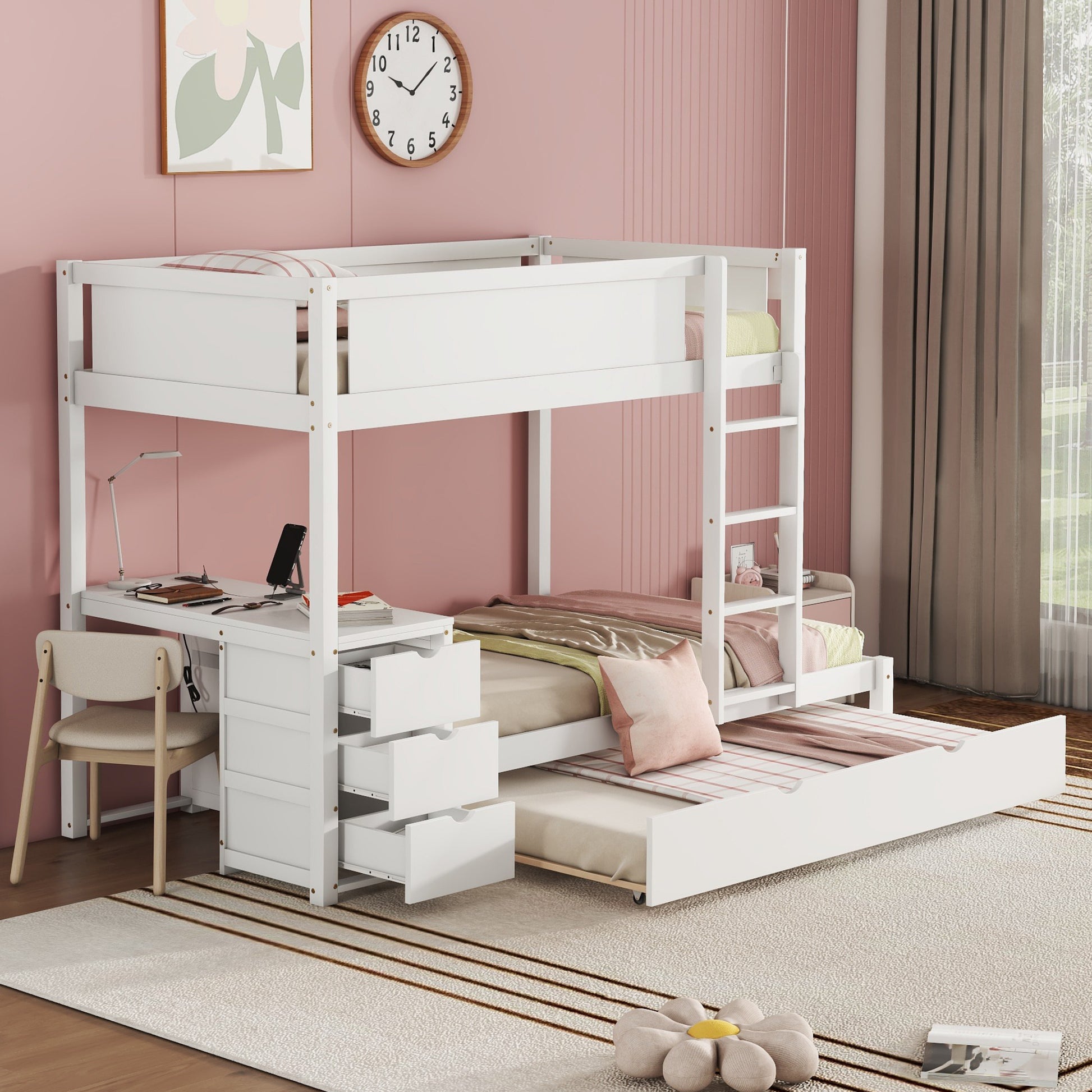 Twin-Over-Twin Bunk Bed with Twin size Trundle, Storage and Desk, White(OLD SKU:LT000363AAK) image 1