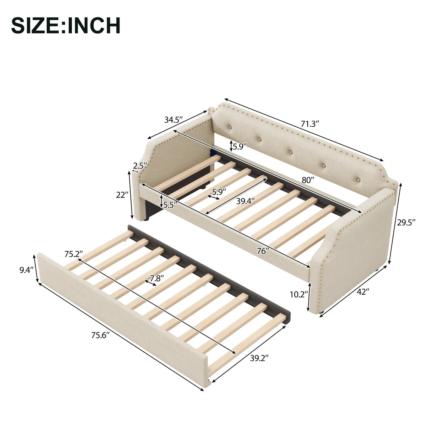 Upholstered Daybed with Trundle, Wood Slat Support,Upholstered Frame Sofa Bed, Twin, Beige image 7
