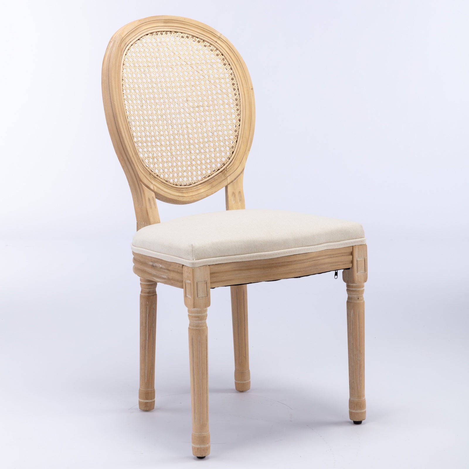 A&A Furniture,French Style Solid Wood Frame Antique Painting Linen Fabric Rattan Back Dining Chair,Set of 2,Cream,Beige image 3