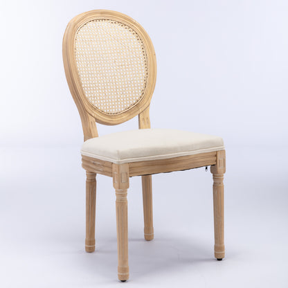 A&A Furniture,French Style Solid Wood Frame Antique Painting Linen Fabric Rattan Back Dining Chair,Set of 2,Cream,Beige image 3