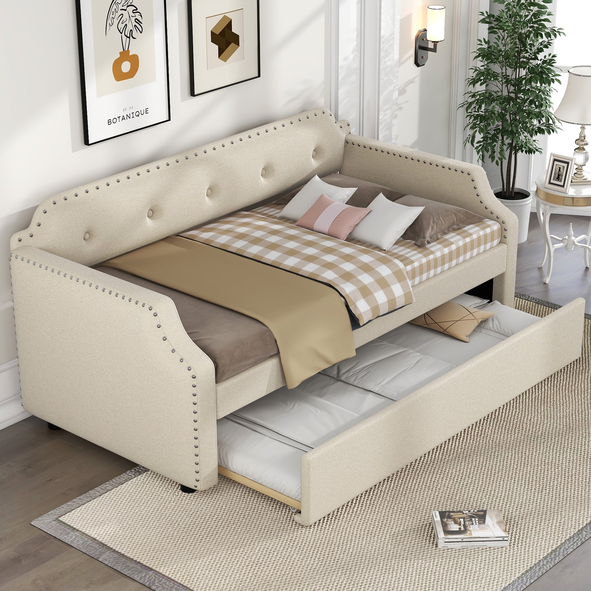 Upholstered Daybed with Trundle, Wood Slat Support,Upholstered Frame Sofa Bed, Twin, Beige image 1