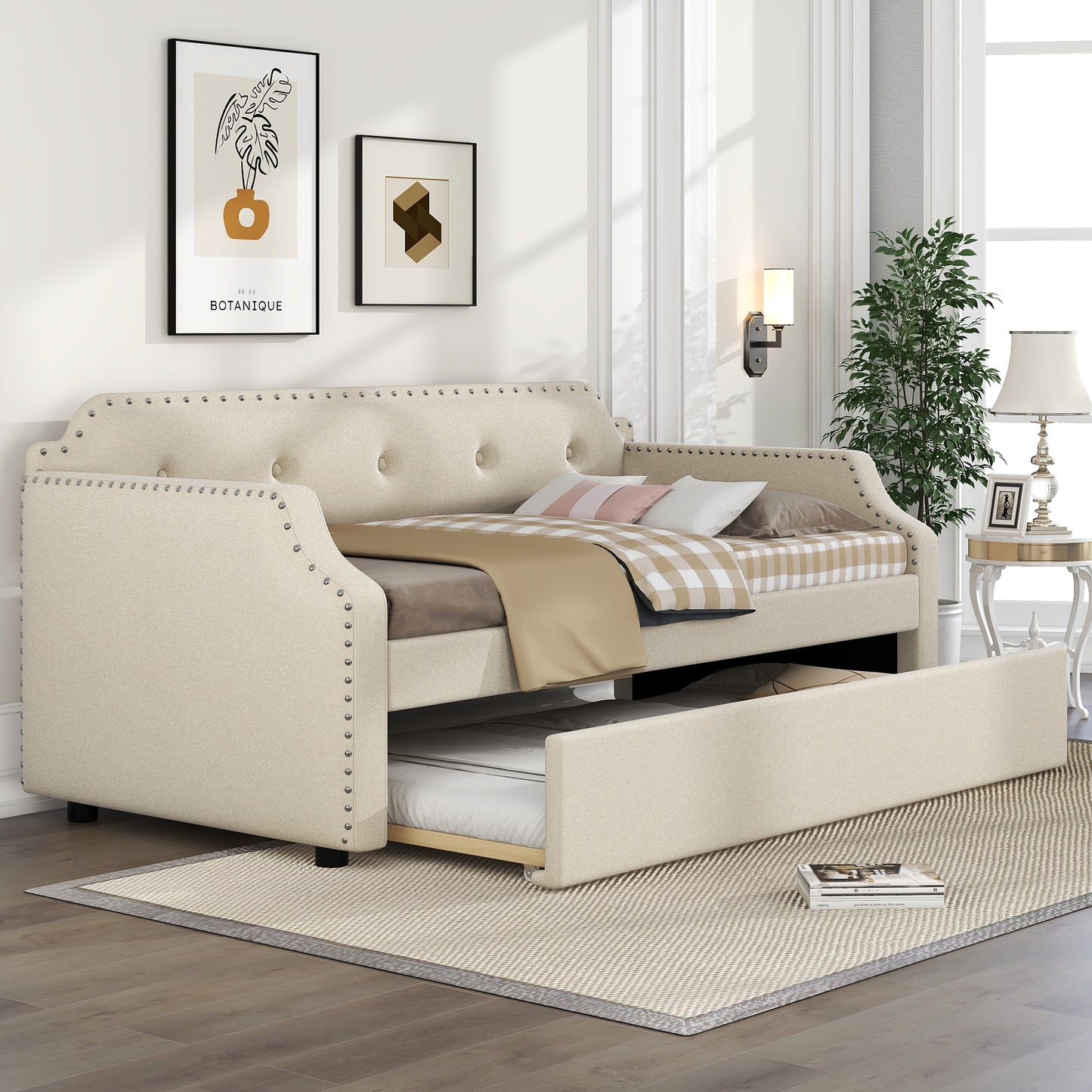 Upholstered Daybed with Trundle, Wood Slat Support,Upholstered Frame Sofa Bed, Twin, Beige image 4