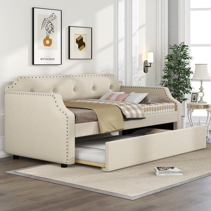 Upholstered Daybed with Trundle, Wood Slat Support,Upholstered Frame Sofa Bed, Twin, Beige image 4