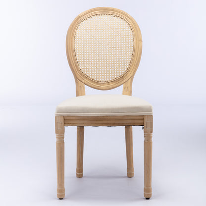 A&A Furniture,French Style Solid Wood Frame Antique Painting Linen Fabric Rattan Back Dining Chair,Set of 2,Cream,Beige image 2