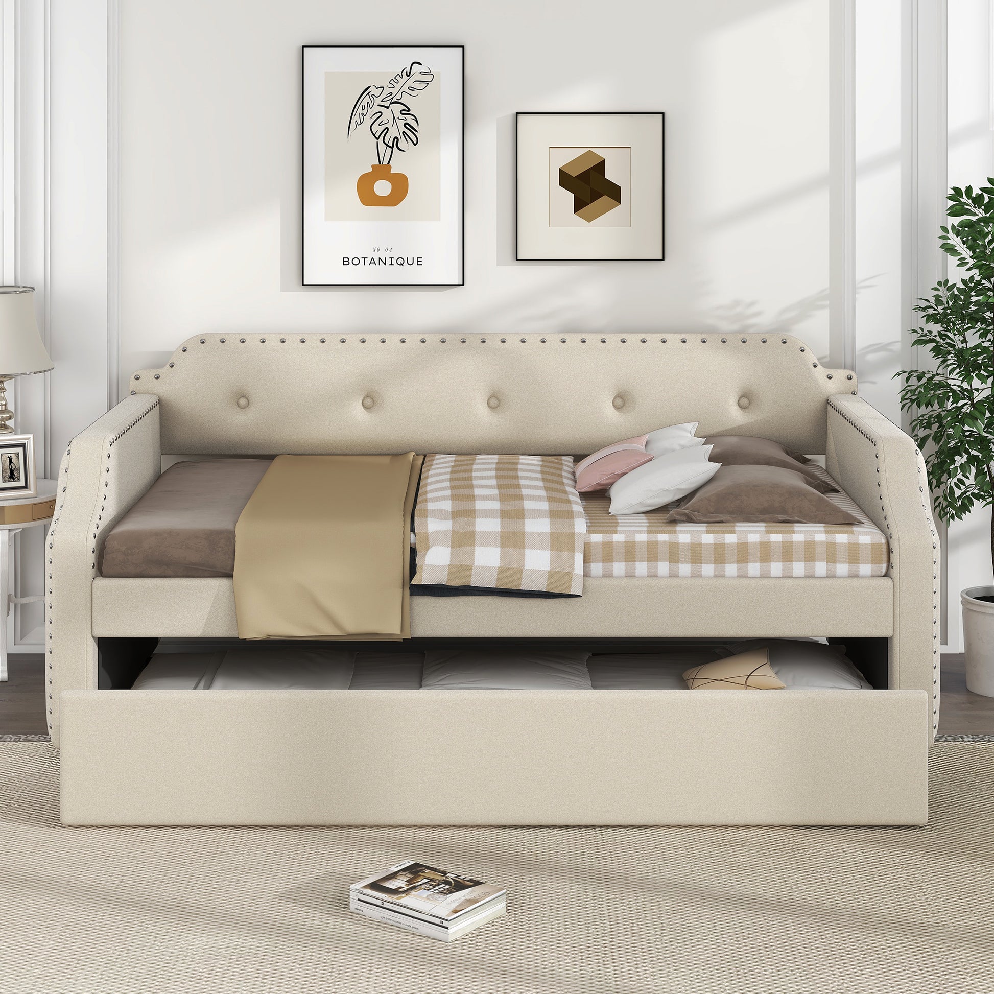 Upholstered Daybed with Trundle, Wood Slat Support,Upholstered Frame Sofa Bed, Twin, Beige image 3