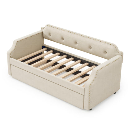 Upholstered Daybed with Trundle, Wood Slat Support,Upholstered Frame Sofa Bed, Twin, Beige image 11
