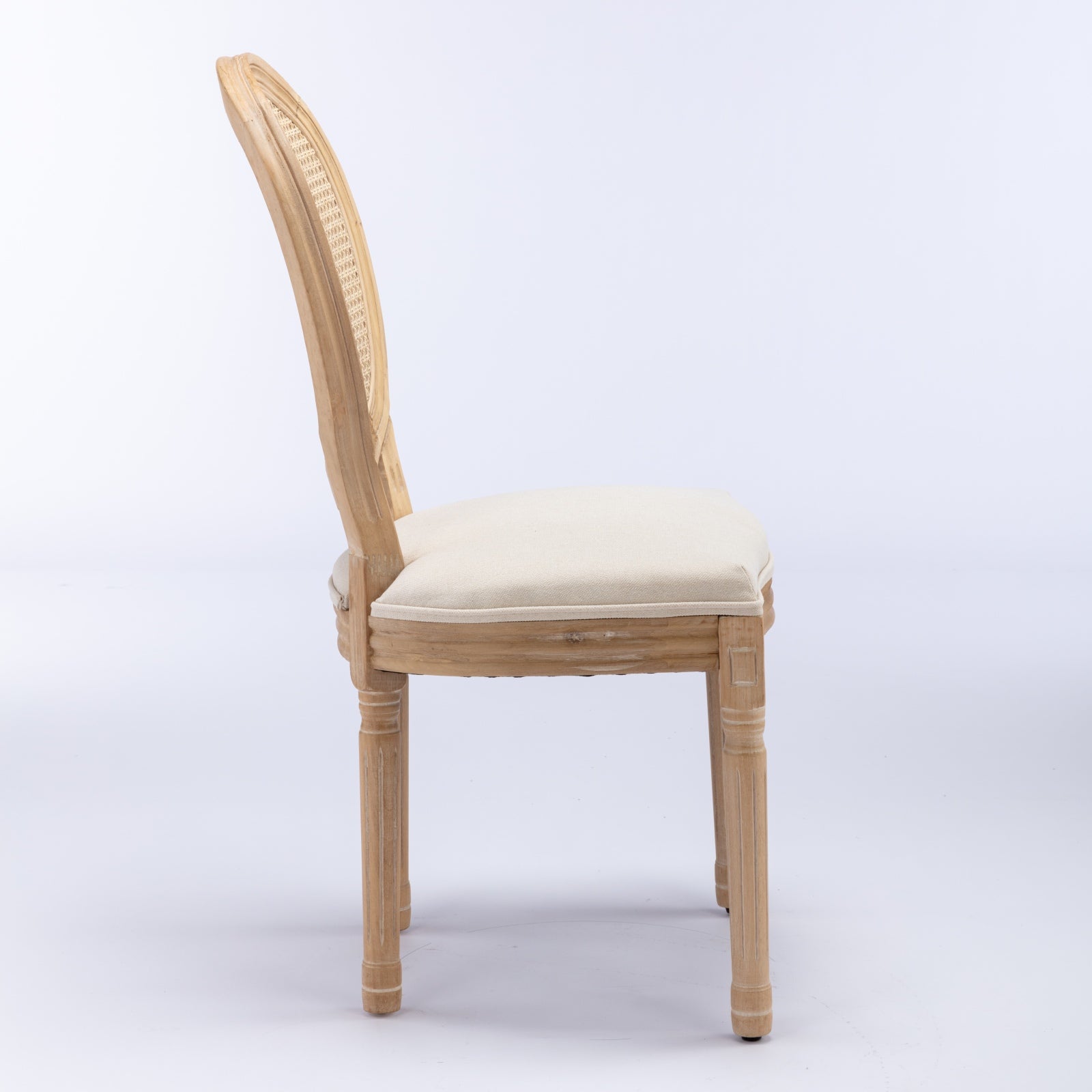 A&A Furniture,French Style Solid Wood Frame Antique Painting Linen Fabric Rattan Back Dining Chair,Set of 2,Cream,Beige image 4