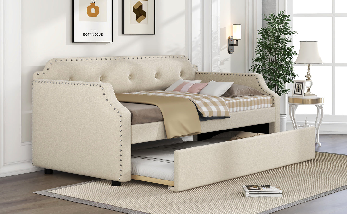 Upholstered Daybed with Trundle, Wood Slat Support,Upholstered Frame Sofa Bed, Twin, Beige image 5