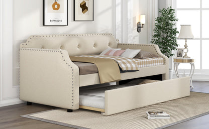 Upholstered Daybed with Trundle, Wood Slat Support,Upholstered Frame Sofa Bed, Twin, Beige image 5