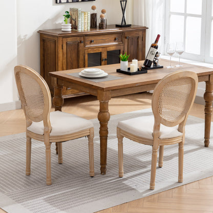 A&A Furniture,French Style Solid Wood Frame Antique Painting Linen Fabric Rattan Back Dining Chair,Set of 2,Cream,Beige image 12