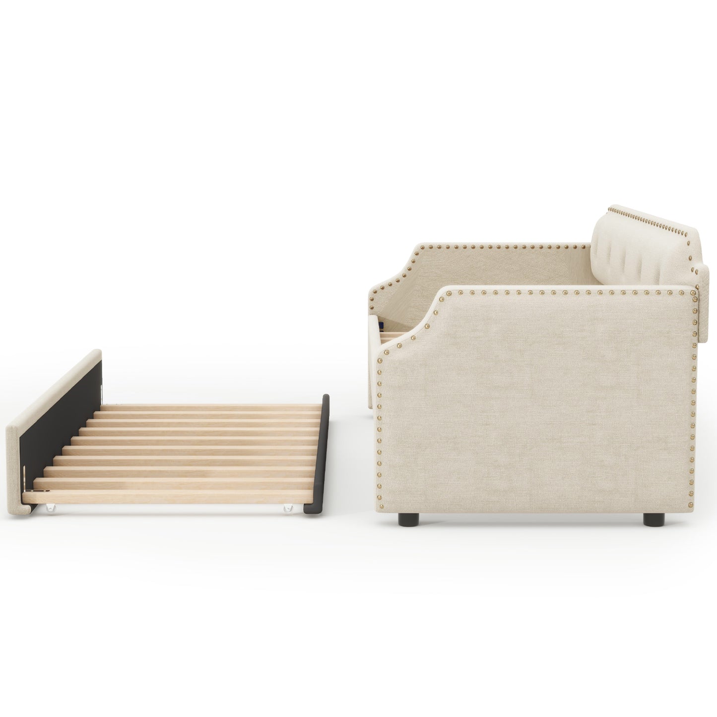 Upholstered Daybed with Trundle, Wood Slat Support,Upholstered Frame Sofa Bed, Twin, Beige image 9