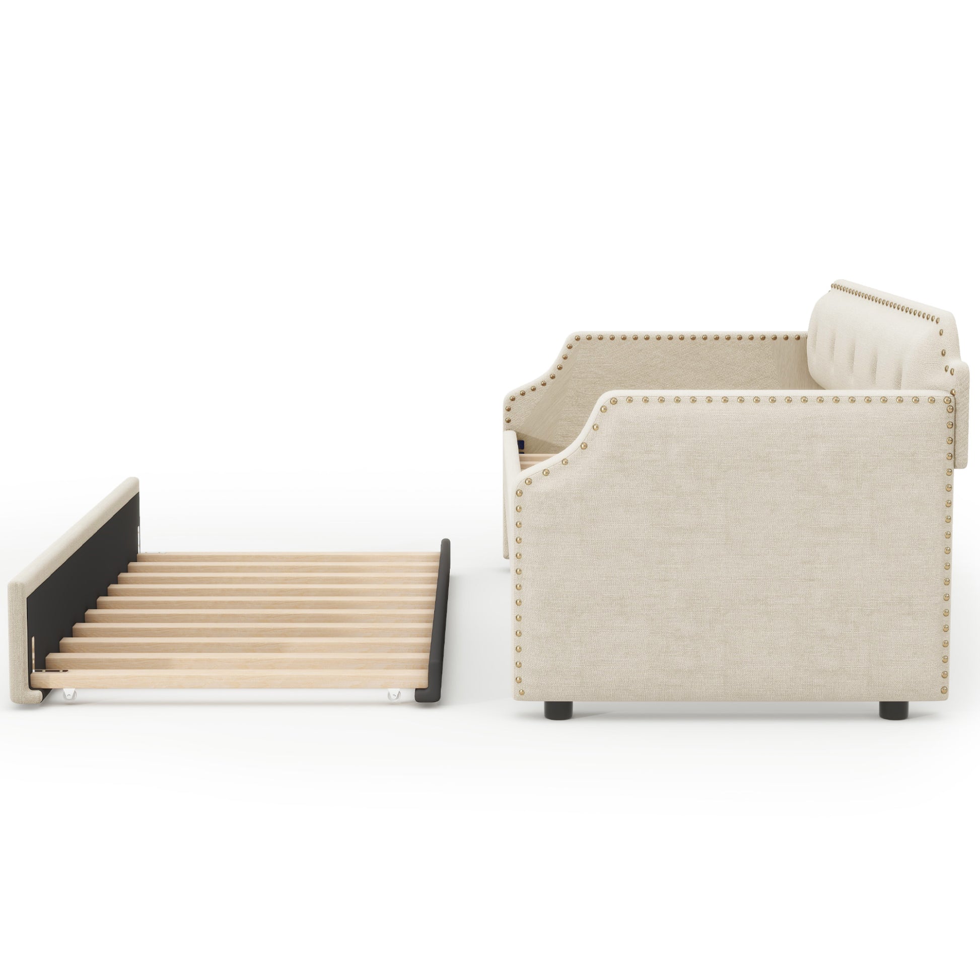 Upholstered Daybed with Trundle, Wood Slat Support,Upholstered Frame Sofa Bed, Twin, Beige image 9