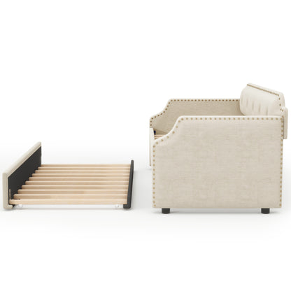 Upholstered Daybed with Trundle, Wood Slat Support,Upholstered Frame Sofa Bed, Twin, Beige image 9